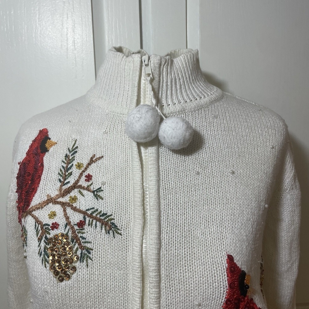 Tiara International Sweater Jacket Women M P  Ivory Cotton Knit‎ Sequin Full-Zip - Picture 4 of 11